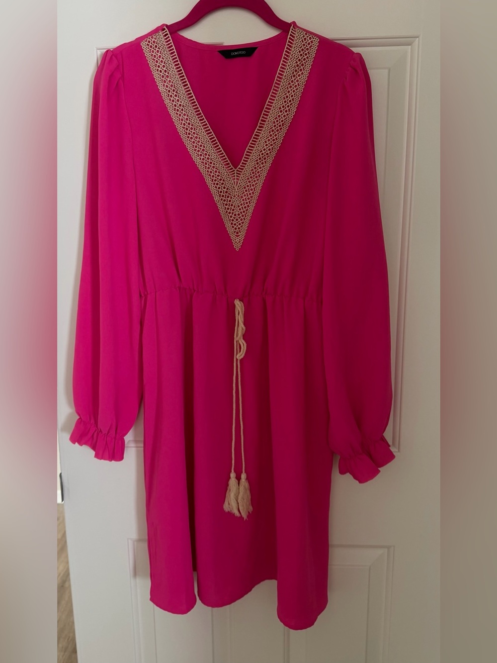 Fuchsia Midi Dress with Gold Crochet V-Neck